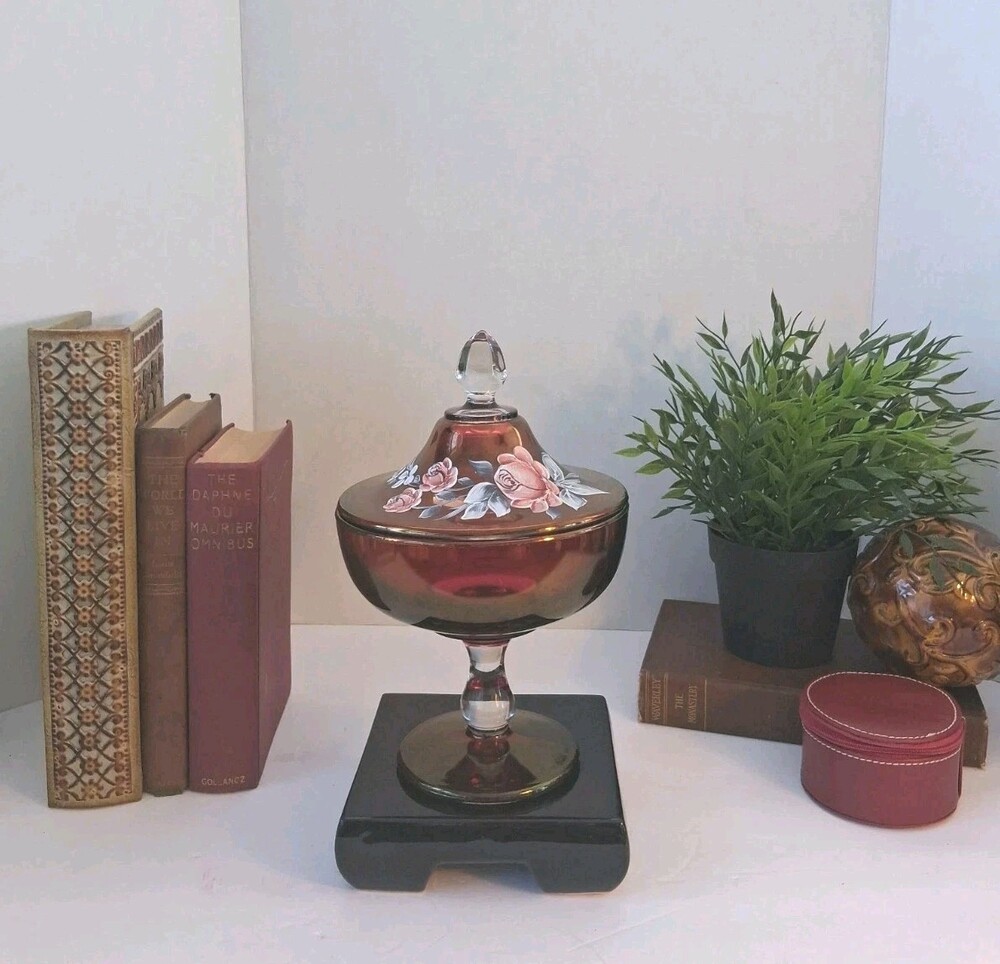VTG 1975 Westmoreland Ruby Red Flash Glass Lidded Compote Dish; Signed E.BROWN!
